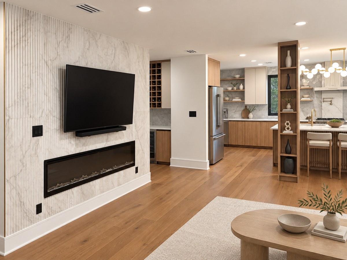 Renovated kitchen connected to a family room with a stone fireplace