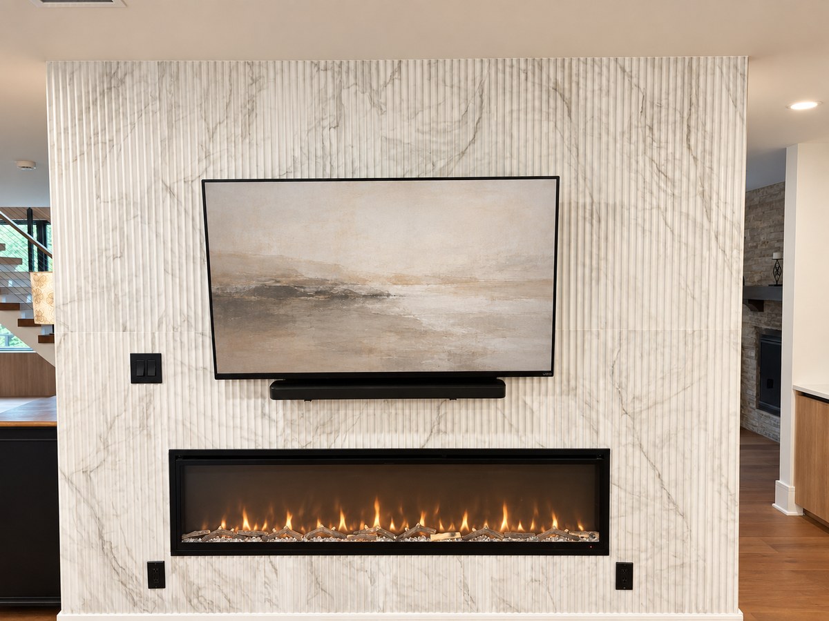 Fluted-stone fireplace and custom media wall in a completed Dena House renovation