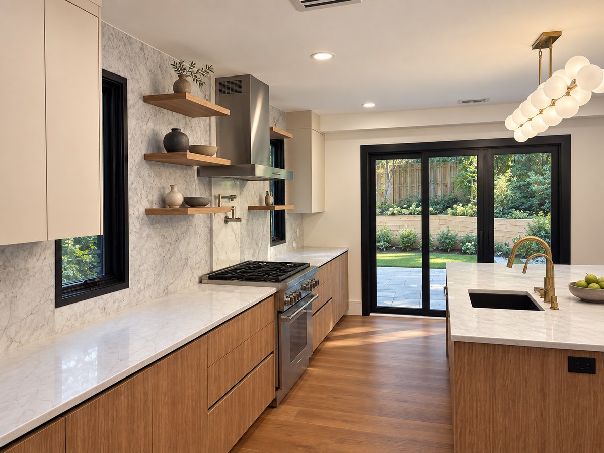 Renovated galley kitchen with oak cabinetry, marble counters and garden doors