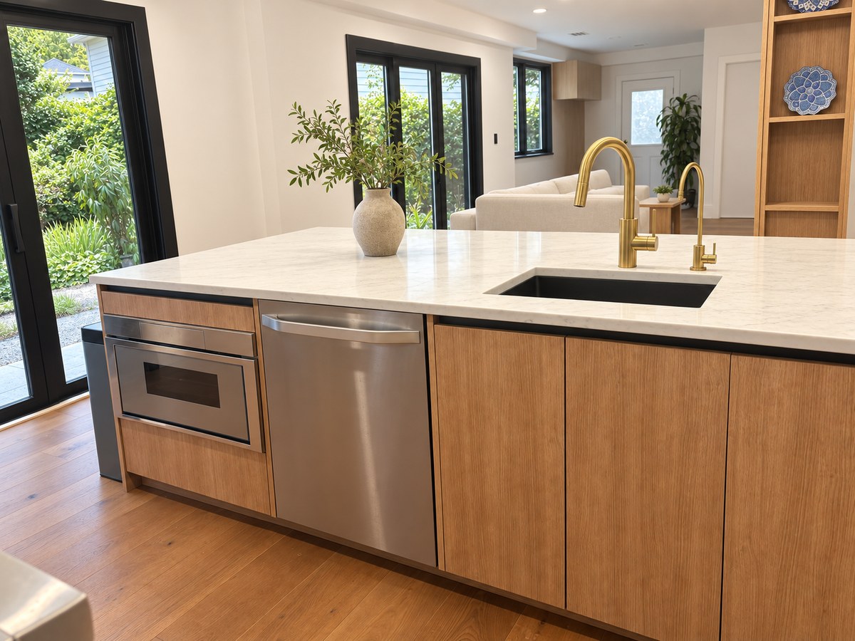 Oak kitchen island, marble counters and garden doors in a completed home renovation