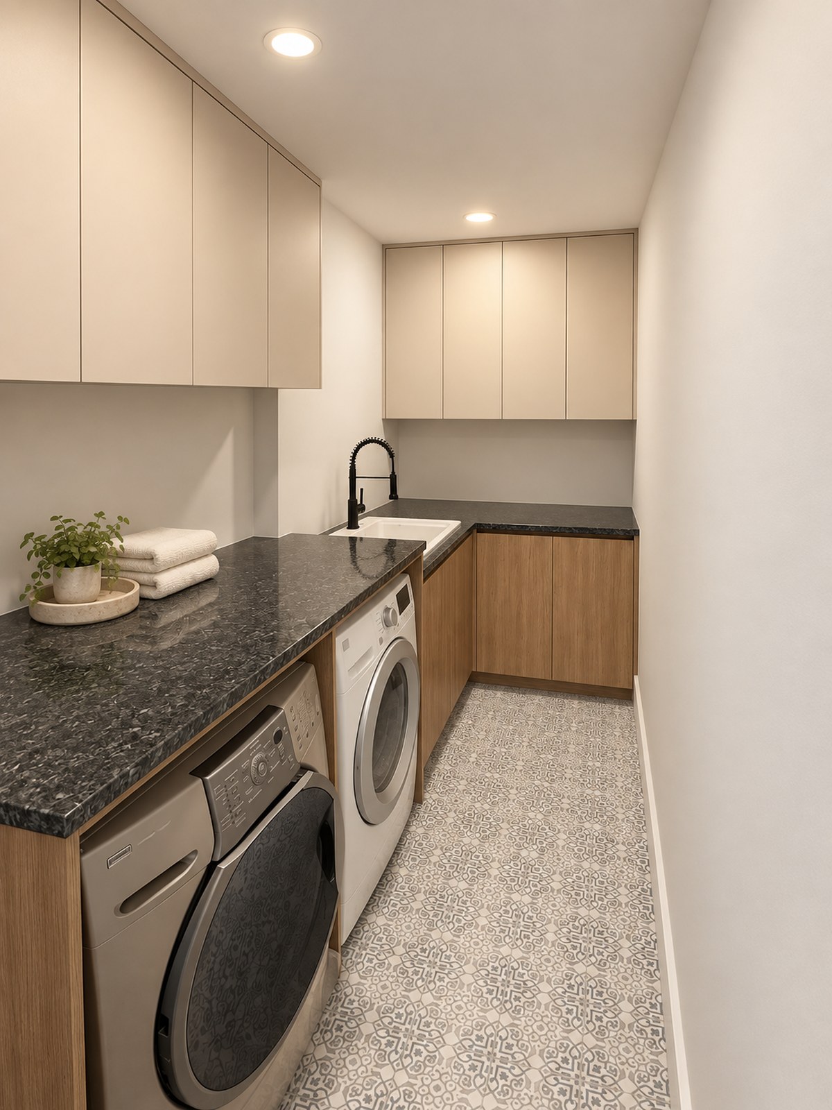 Custom laundry room with full-height cabinetry and coordinated utility space