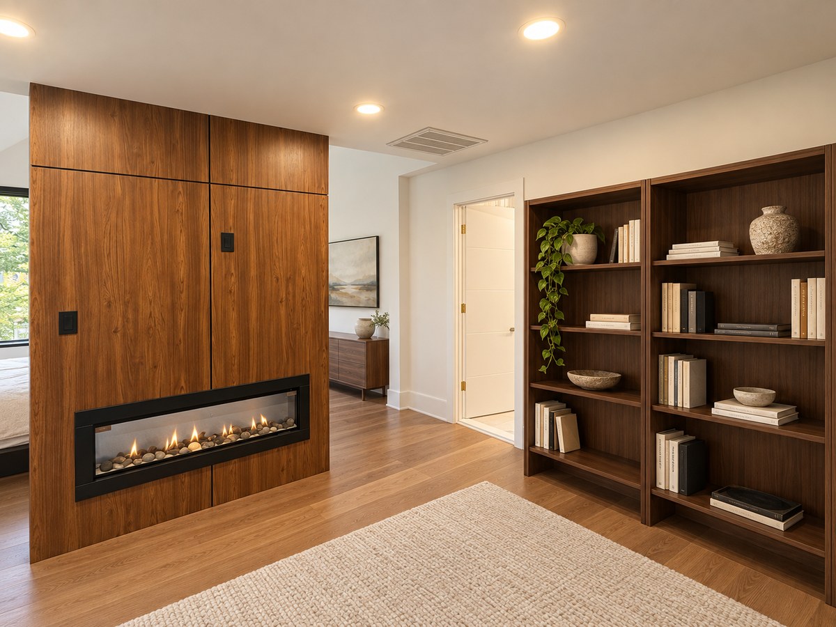 Built-in library wall and fireplace completed during a whole-home renovation