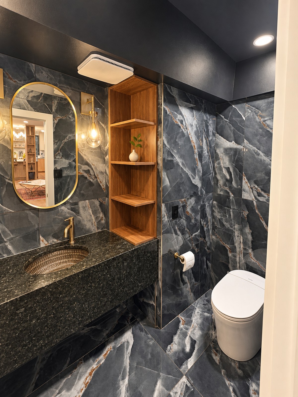 Powder room with dramatic stone tile and warm wood vanity