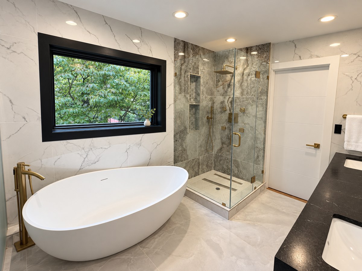 Primary bathroom with a freestanding tub, stone shower and black-framed window