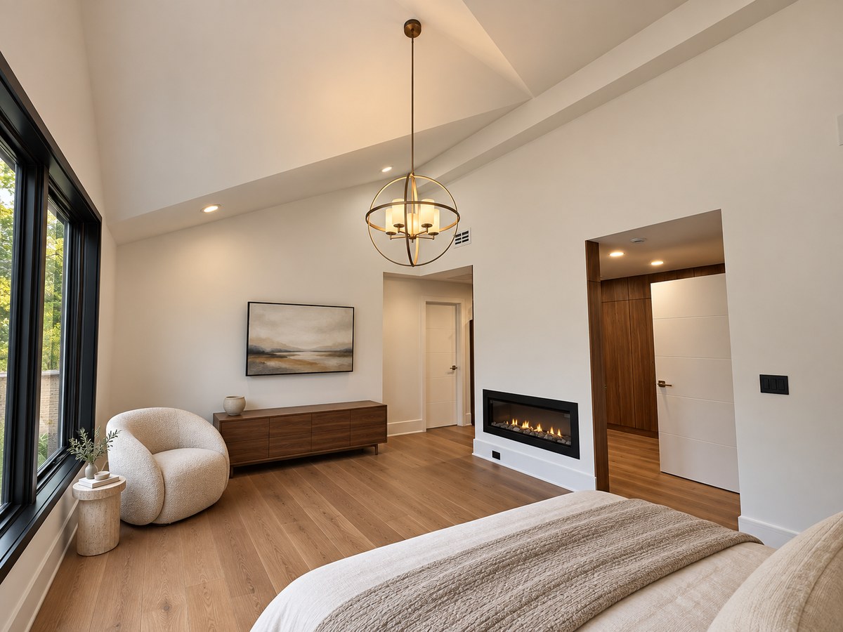 Renovated primary bedroom with oak floors, corner windows and fireplace