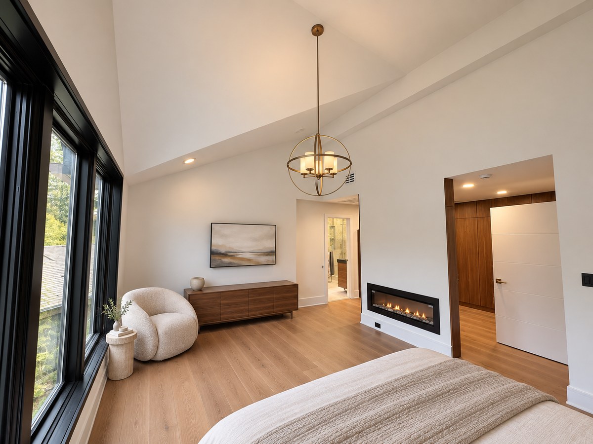 Wide primary bedroom with corner windows, oak floors and fireplace
