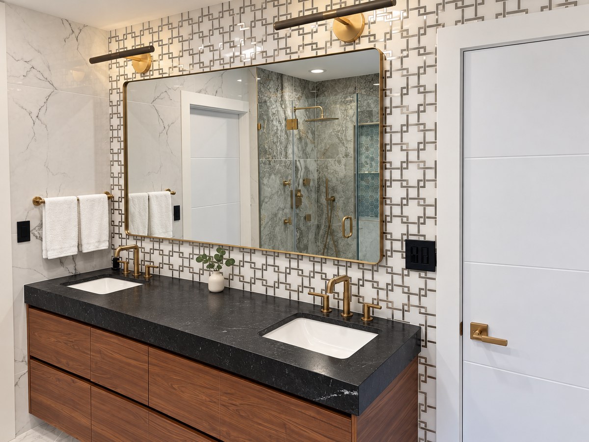 Double primary-bath vanity with custom oak cabinetry and patterned tile