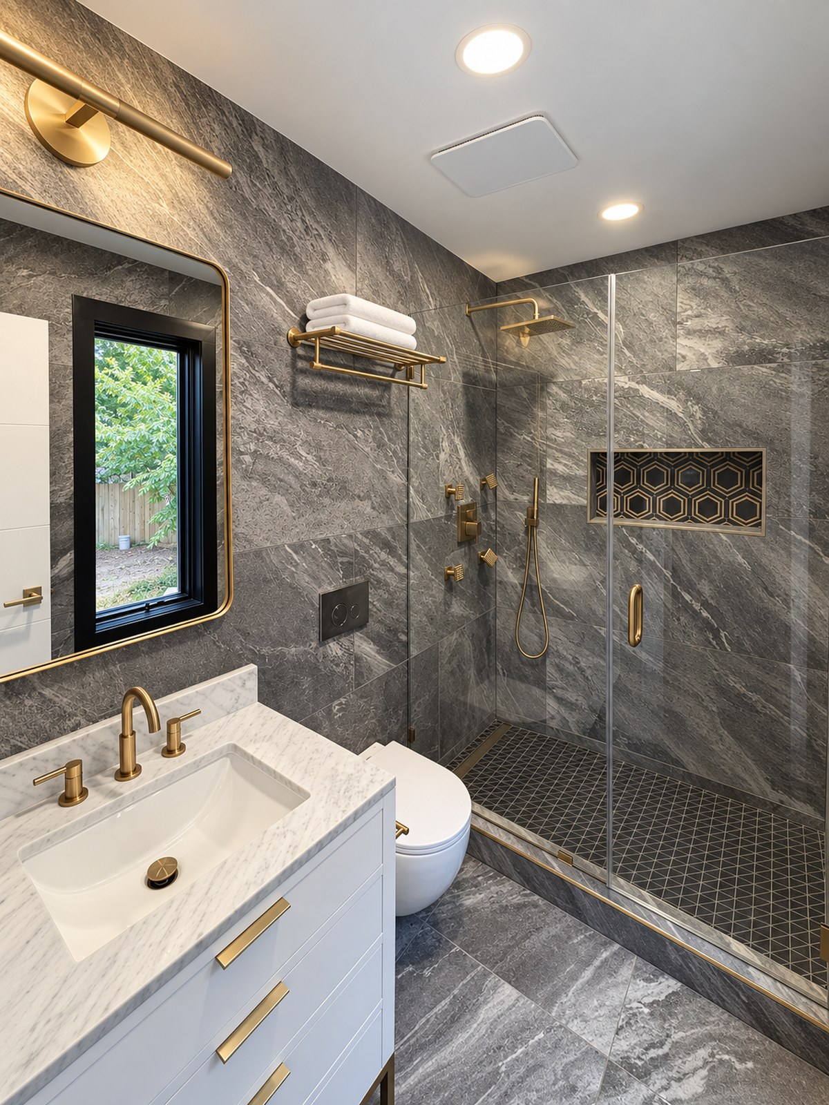 Secondary bathroom with marble tile, double vanity and glass shower