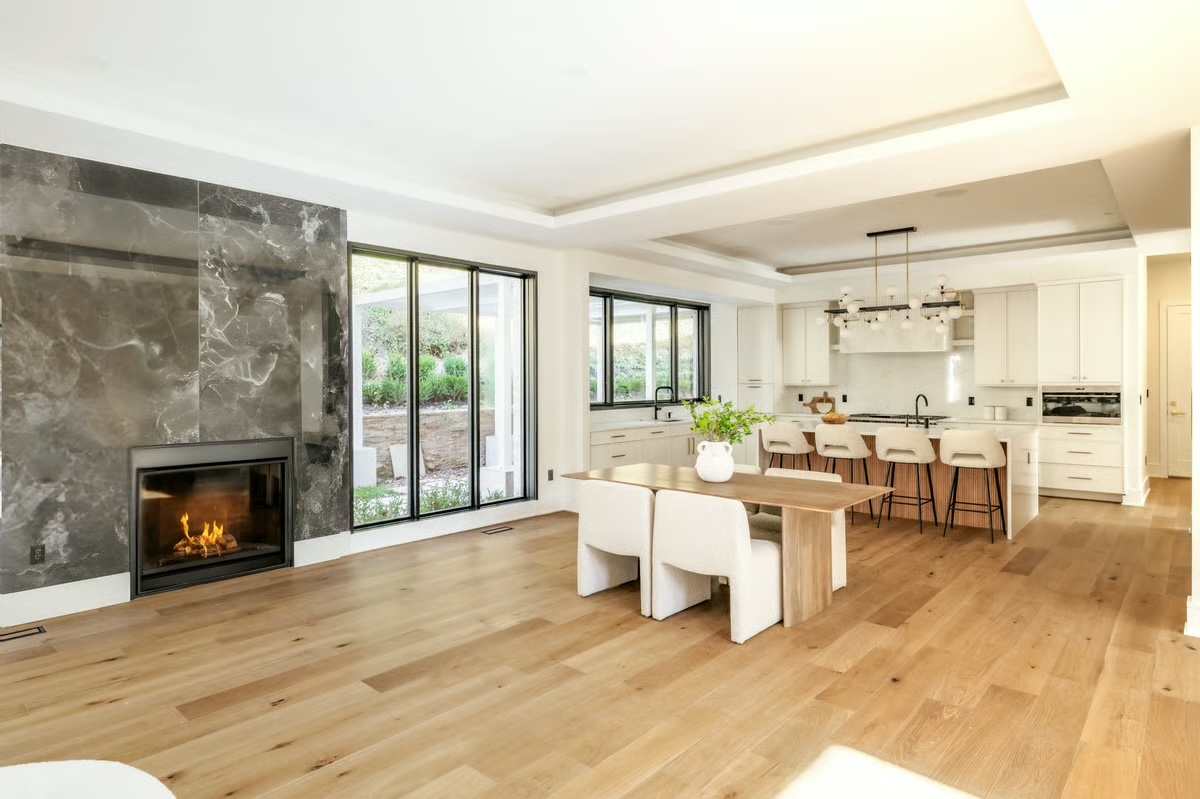 Open-plan kitchen and living area in the Burning Tree custom home