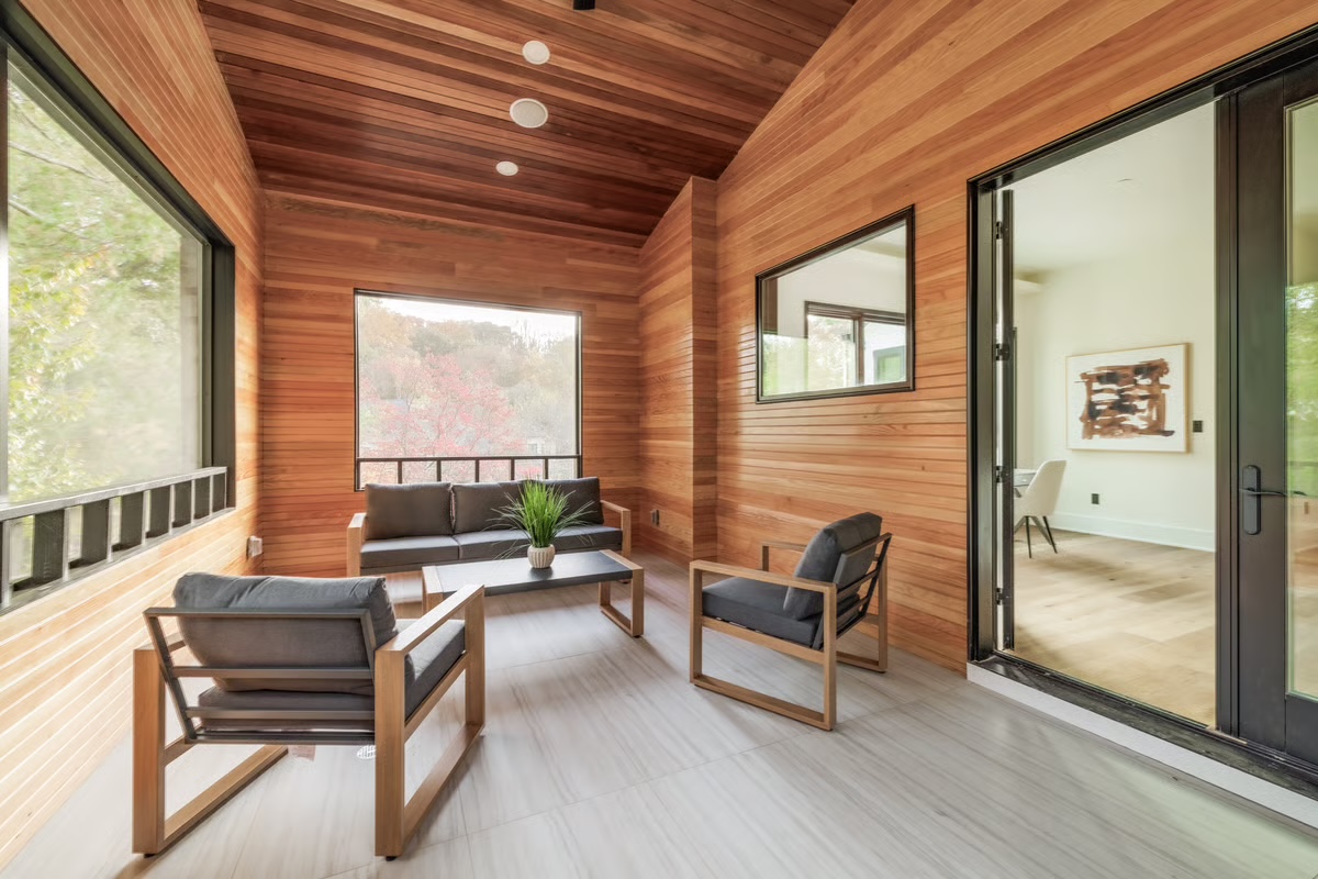 Completed screened porch with coordinated structure and finish work