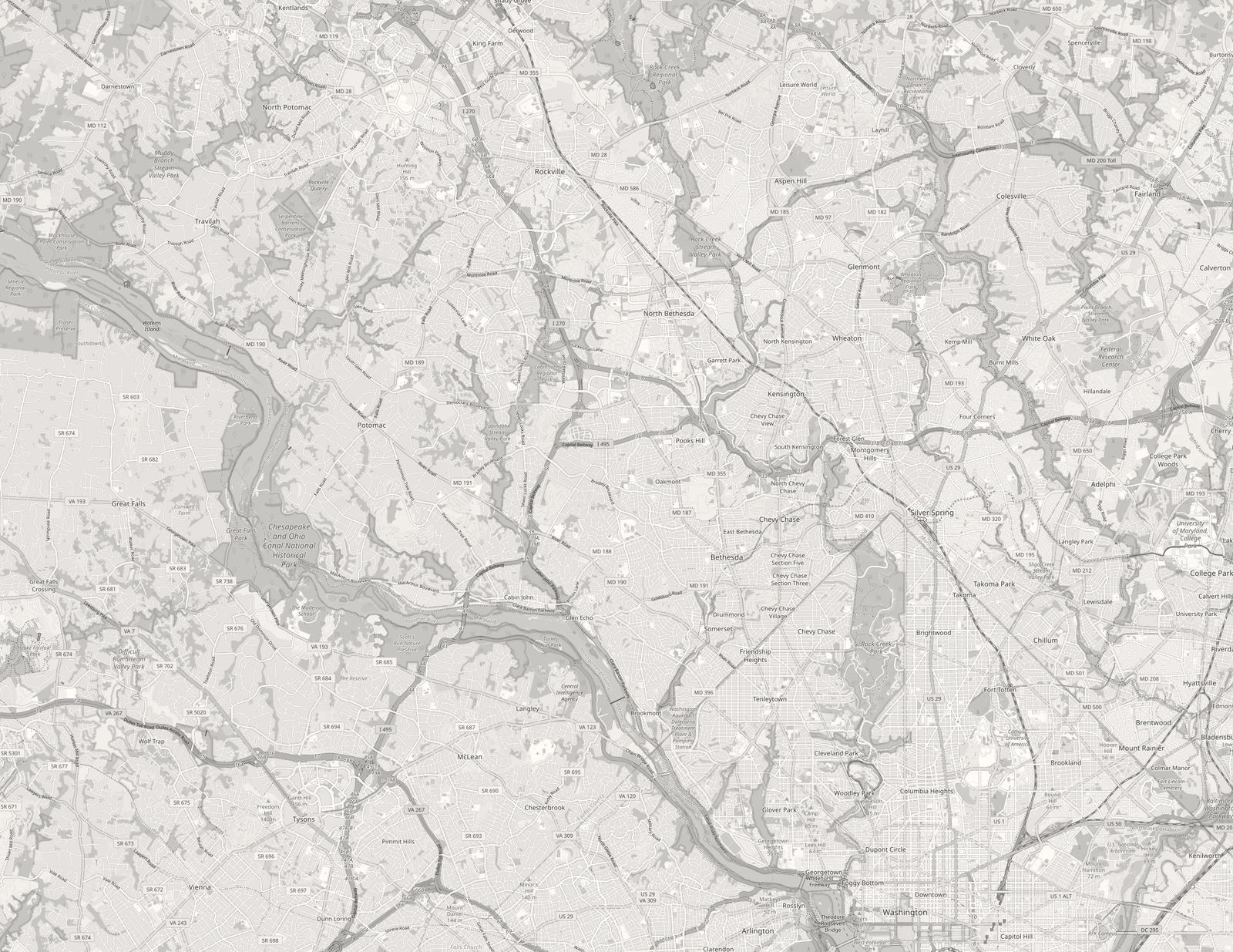 Map of lower Montgomery County, Maryland showing the Bethesda, Chevy Chase, Potomac and Silver Spring areas served by Dena House